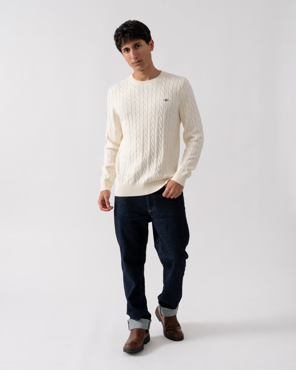 GANT Mens Cotton Cable Knit Crew Neck Jumper - 130 Cream