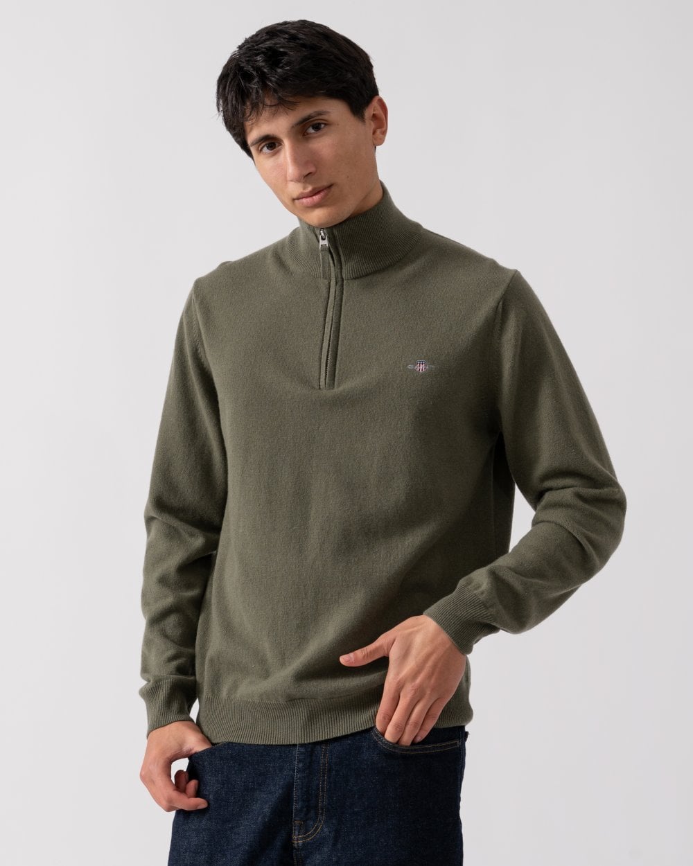 GANT Mens Superfine Lambswool Half Zip Cardigan - 301 Juniper Green