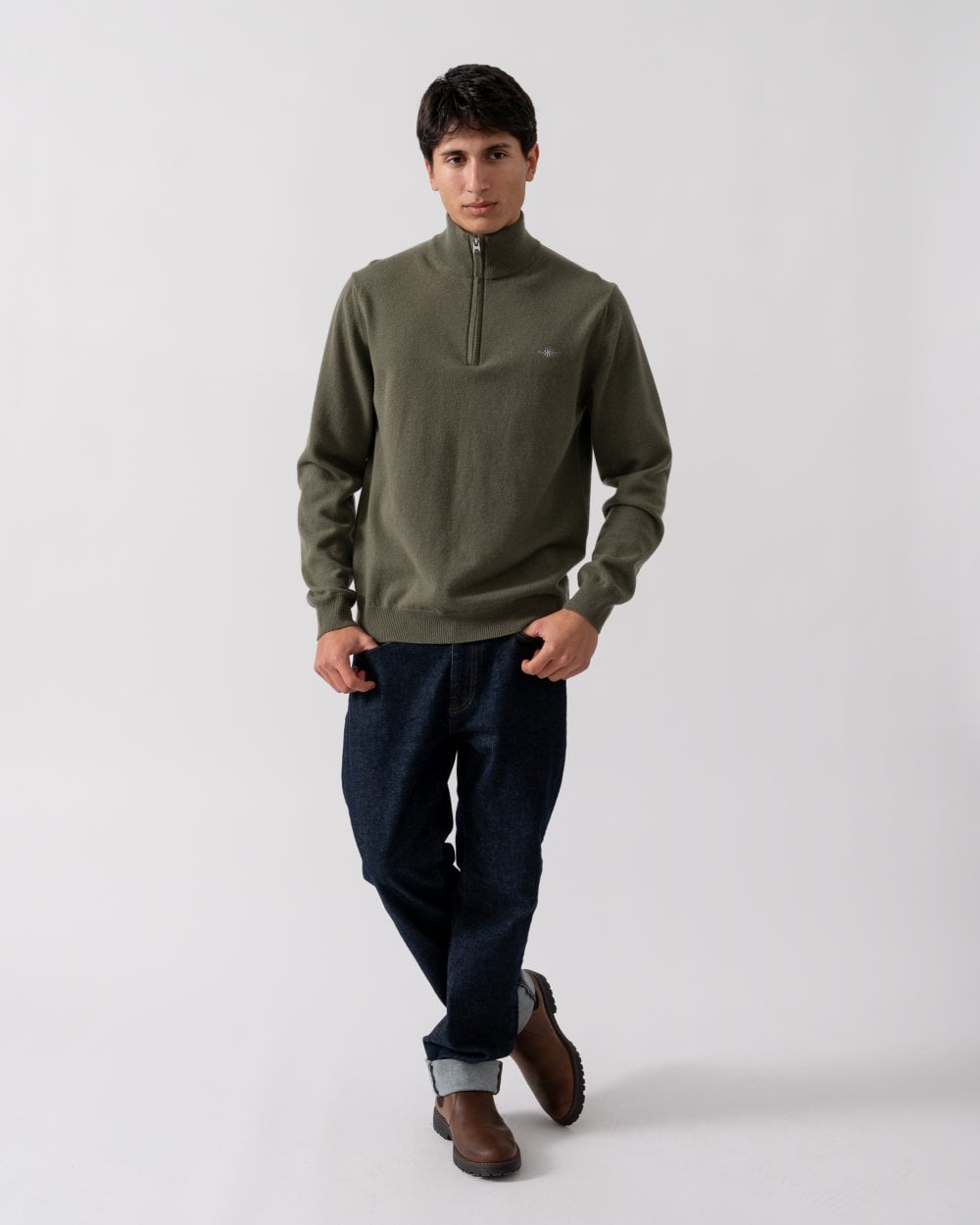 GANT Mens Superfine Lambswool Half Zip Cardigan - 301 Juniper Green