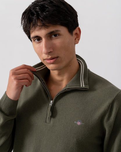 GANT Mens Superfine Lambswool Half Zip Cardigan - 301 Juniper Green