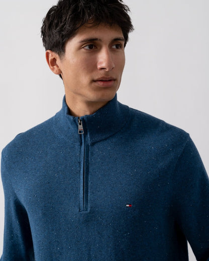 Tommy Hilfiger Organic Cotton Cashmere Mens Zip-Mock Sweater - Donegal Aegean Sea