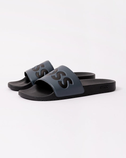 BOSS Orange Aryeh Mens Italian-Made Slides With Large Logo Detail - Medium Grey 036 - CHO - Designer Mens Sandals