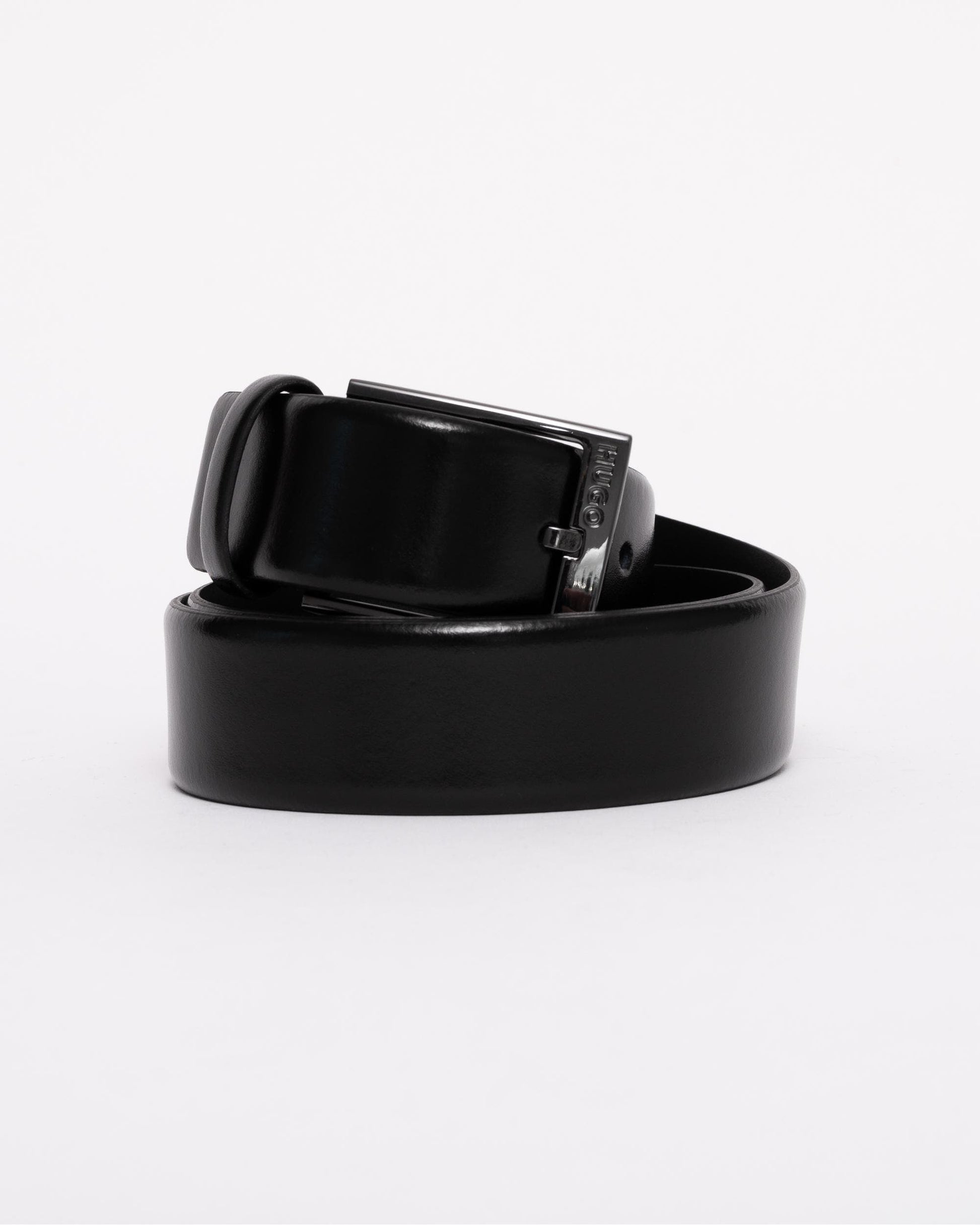 HUGO Garney Mens Italian-Leather Belt with Polished Gunmetal Hardware