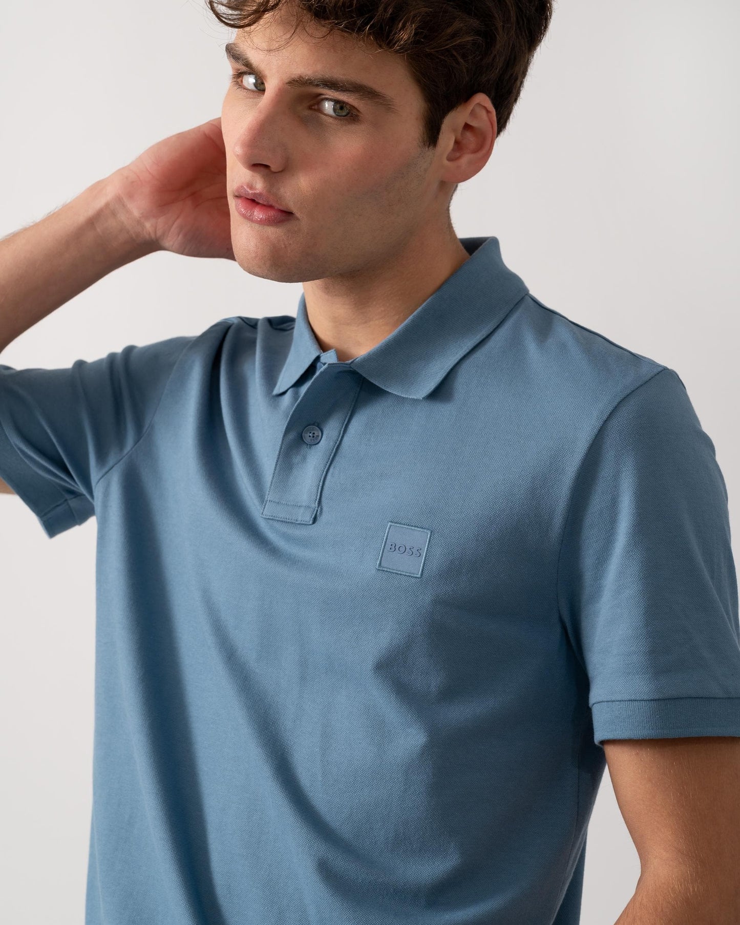 BOSS Orange Passenger Mens Stretch-Cotton Slim-Fit Polo Shirt with Logo Patch - Light/Pastel Blue 459