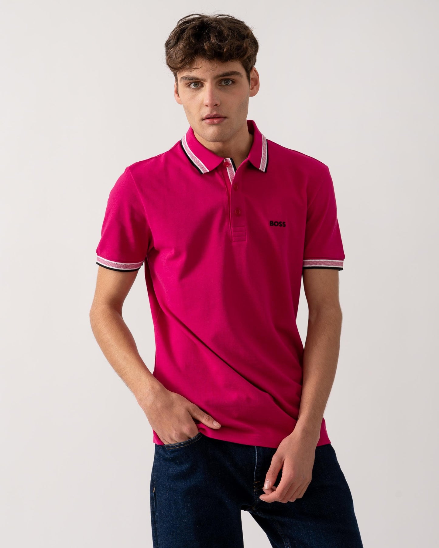 BOSS Green Paddy Mens Cotton-Piqué Polo Shirt with Contrast Logo - Medium Pink 664