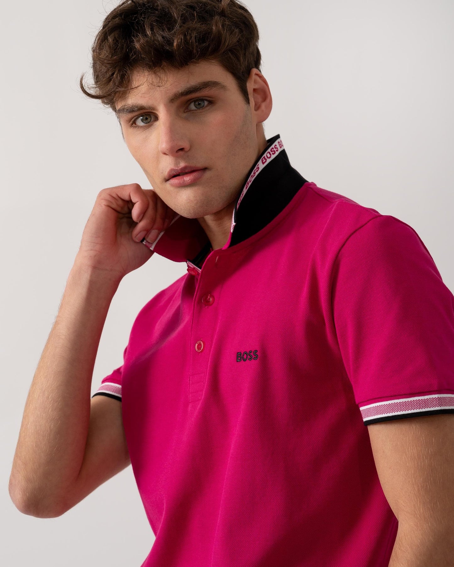 BOSS Green Paddy Mens Cotton-Piqué Polo Shirt with Contrast Logo - Medium Pink 664