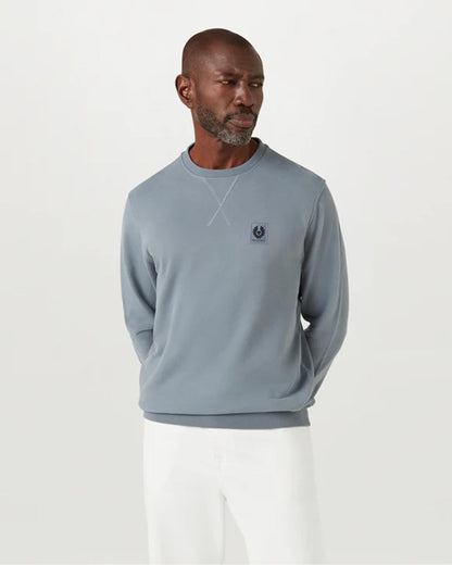 Belstaff Mens Crew Neck Sweatshirt With Logo Patch - Blue Flint