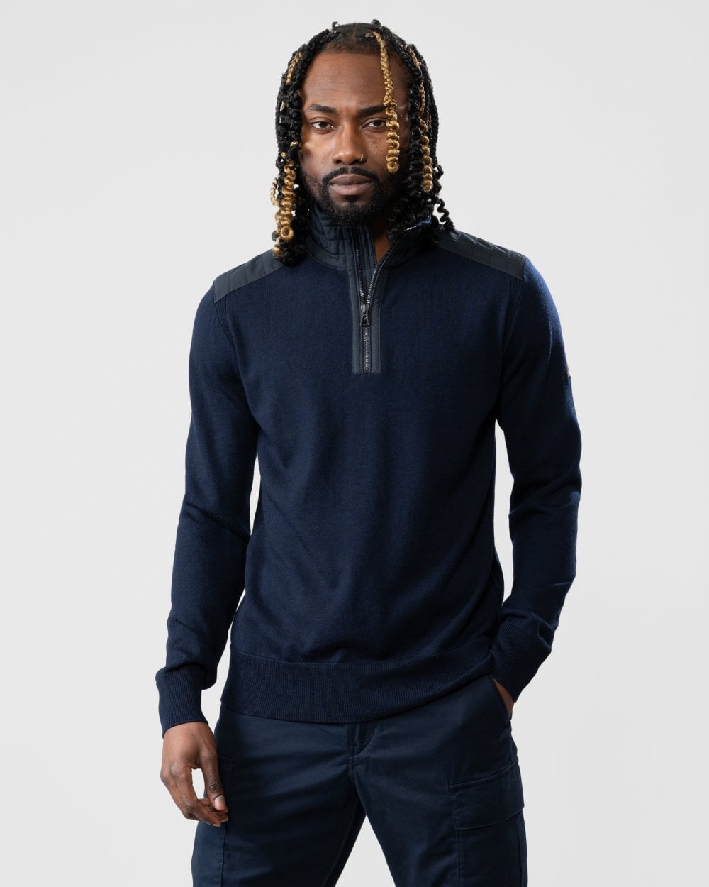 Belstaff Kilmington Mens Merino Wool Quarter Zip Jumper - Dark Ink - CHO - Designer Mens Jumpers