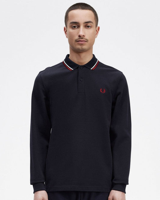Fred Perry Mens Long Sleeve Twin Tipped Polo Shirt - Navy/Snow White/Burnt Red T55