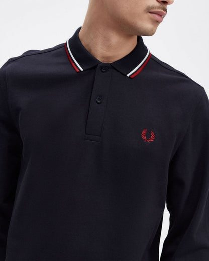 Fred Perry Mens Long Sleeve Twin Tipped Polo  Shirt - Navy/Snow White/Burnt Red T55