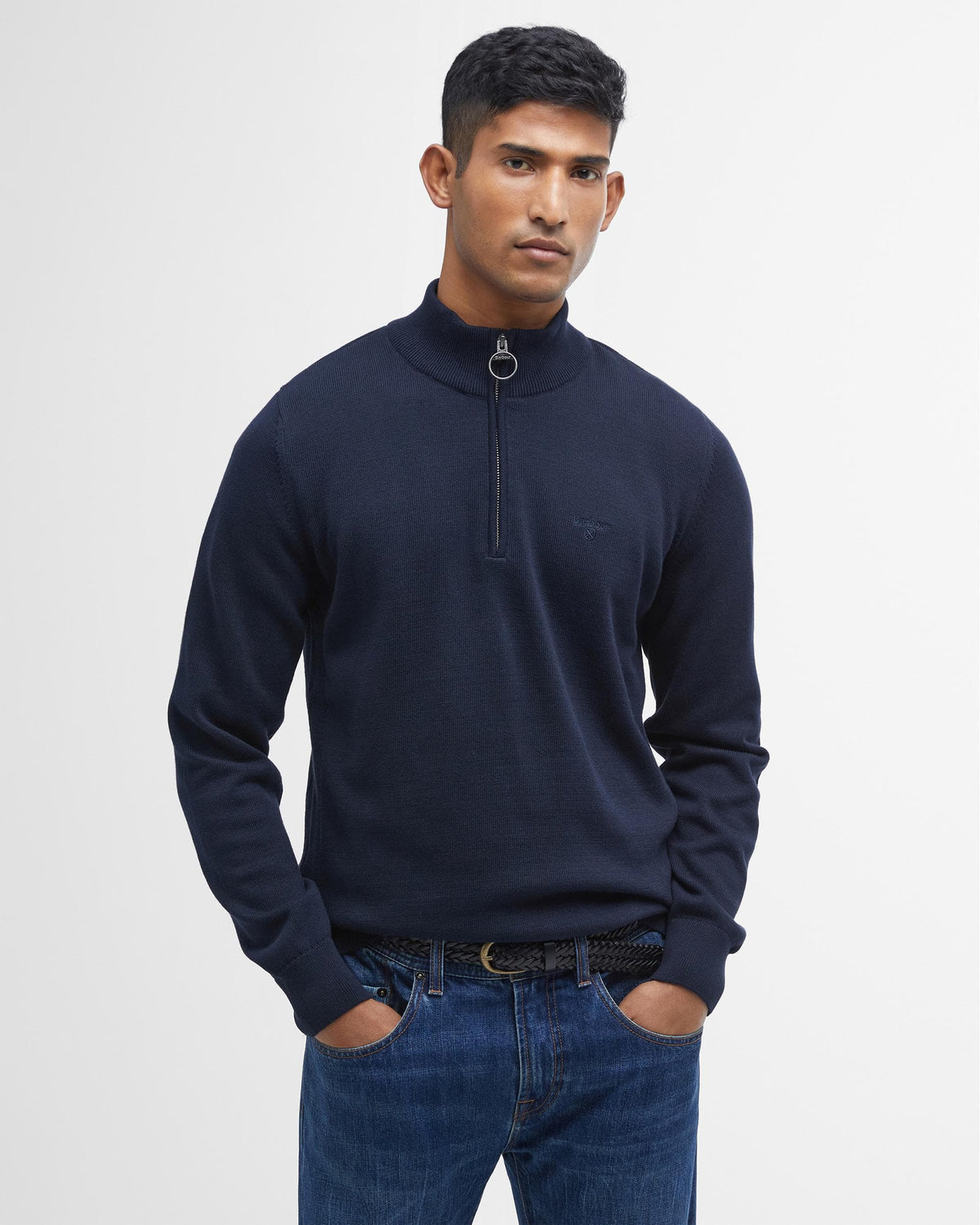Barbour Cotton Mens Half Zip Jumper - Navy - CHO - Designer Mens Knitwear