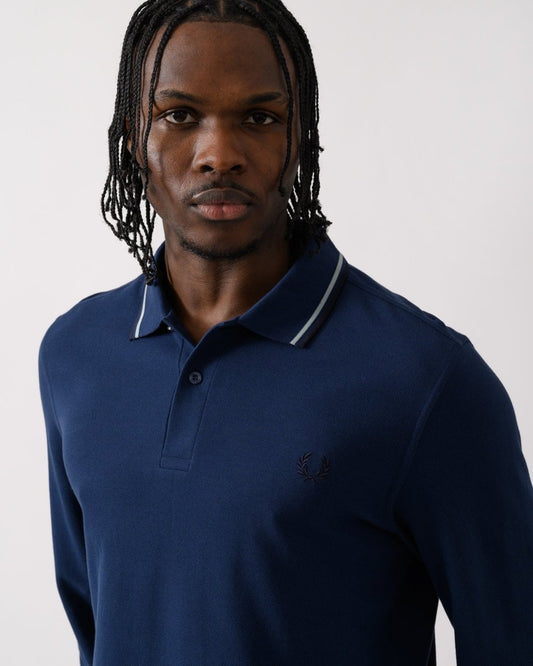 Fred Perry Mens Long Sleeve Twin Tipped Polo  Shirt - Tennis Blue/Silver Blue/Navy Y21