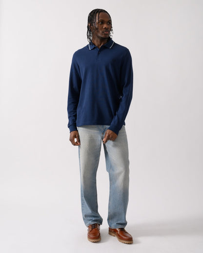 Fred Perry Mens Long Sleeve Twin Tipped Polo  Shirt - Tennis Blue/Silver Blue/Navy Y21