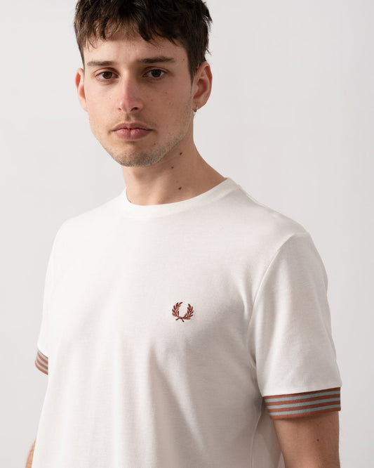 Fred Perry Mens Striped Cuff T-Shirt - Light Ecru 760