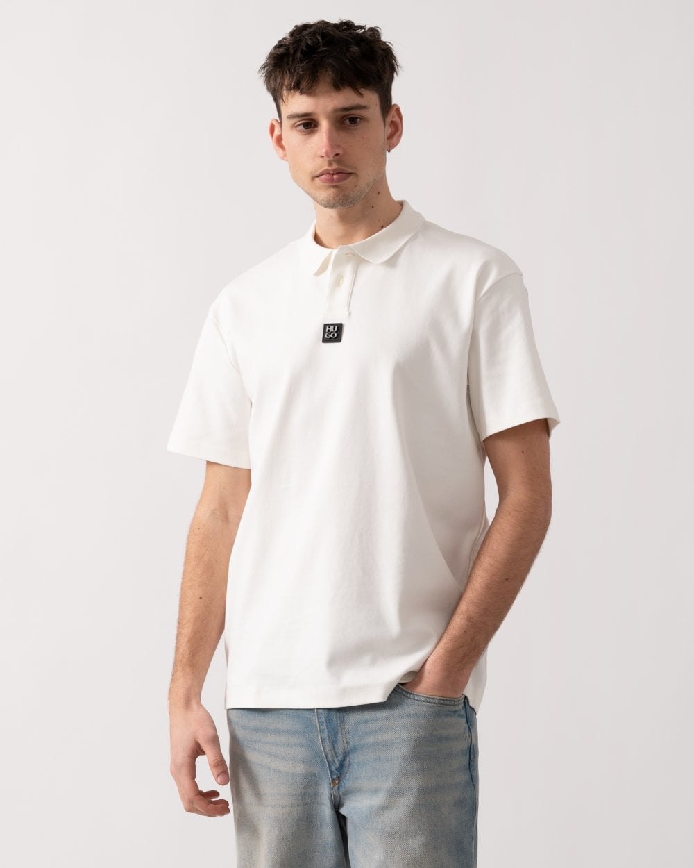 HUGO Deabono Mens Interlock Cotton Polo Shirt with Stacked Logo