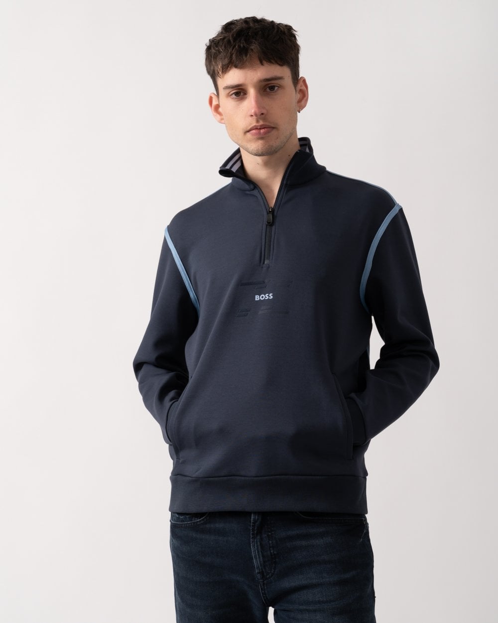 BOSS Green Sweat Tape Mens 1/4 Zip Sweatshirt - Dark Blue 402
