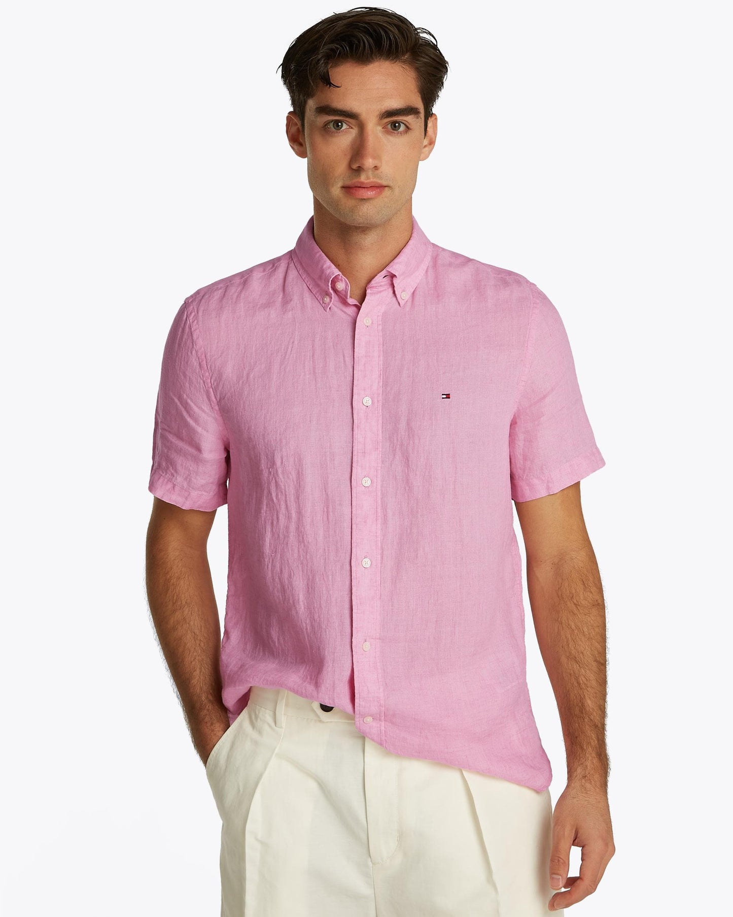 Tommy Hilfiger Pigment Dyed Linen Short Sleeve Mens Shirt - Classic Pink