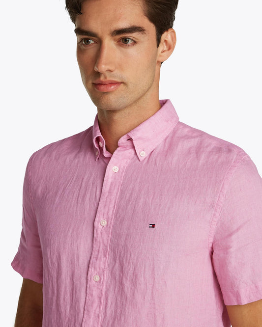 Tommy Hilfiger Pigment Dyed Linen Short Sleeve Mens Shirt - Classic Pink