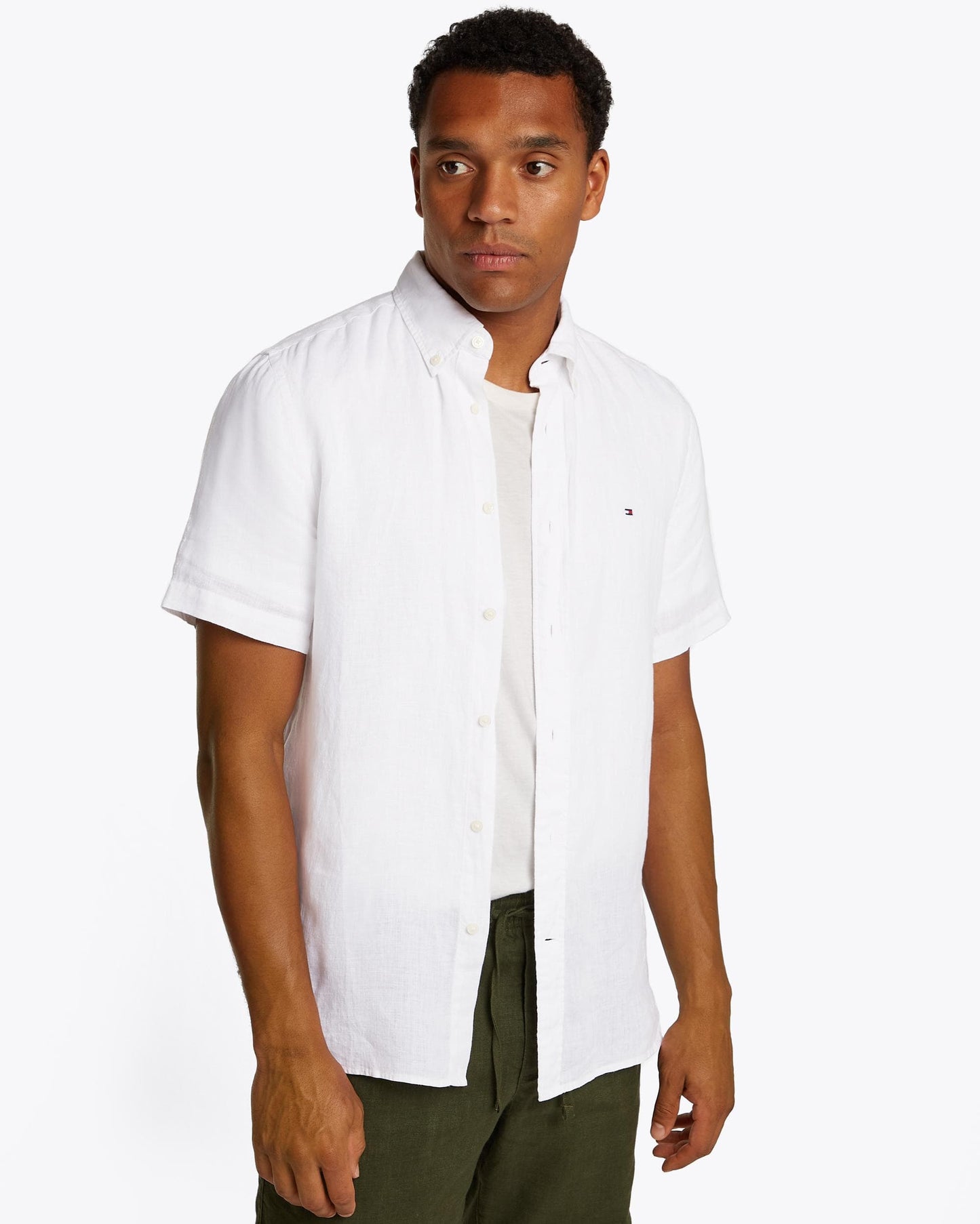 Tommy Hilfiger Pigment Dyed Linen Short Sleeve Mens Shirt - Optic White