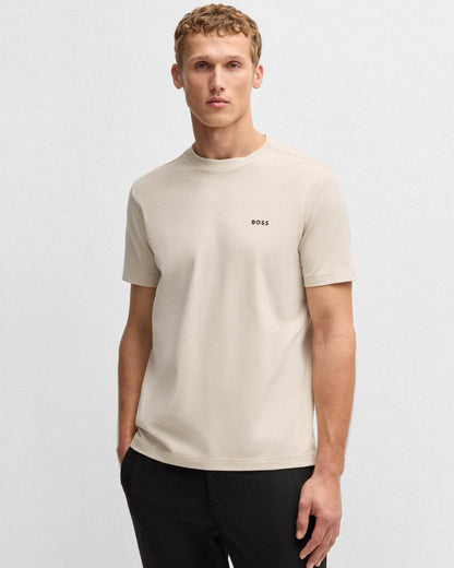 BOSS Green Tee Mens Stretch Cotton T-Shirt with Contrast Logo - Open Beige 284