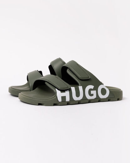 HUGO Evander Mens Logo Sandals with Double Touch-Closure Straps - Dark Green 306
