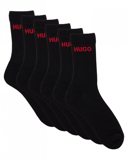 HUGO 6 Pack QS Rib Logo Mens Combed Cotton Socks NOS - Black 001