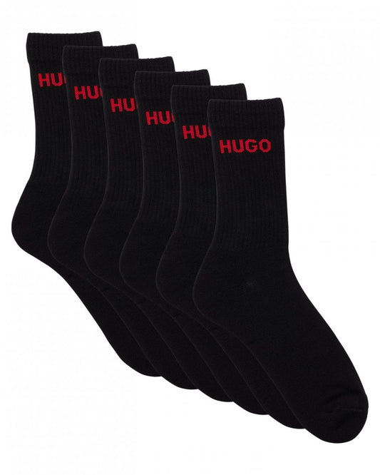 HUGO 6 Pack QS Rib Logo Mens Combed Cotton Socks NOS - Black 001