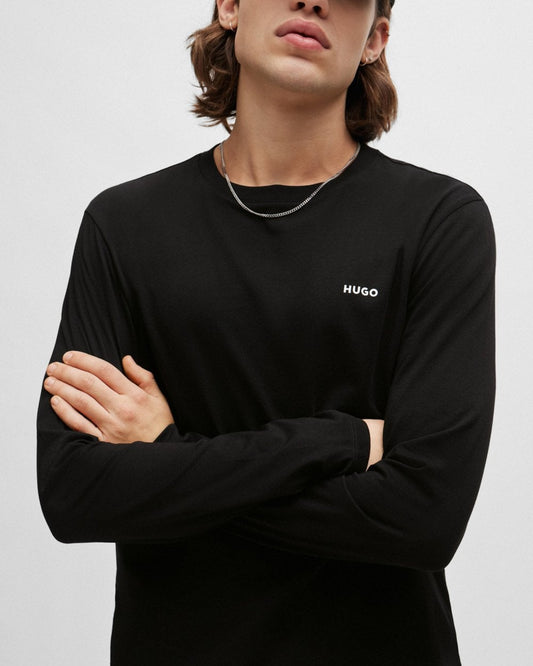 HUGO Derol222 Mens Long-Sleeved T-Shirt in Cotton Jersey with Logo Print NOS - Black 001
