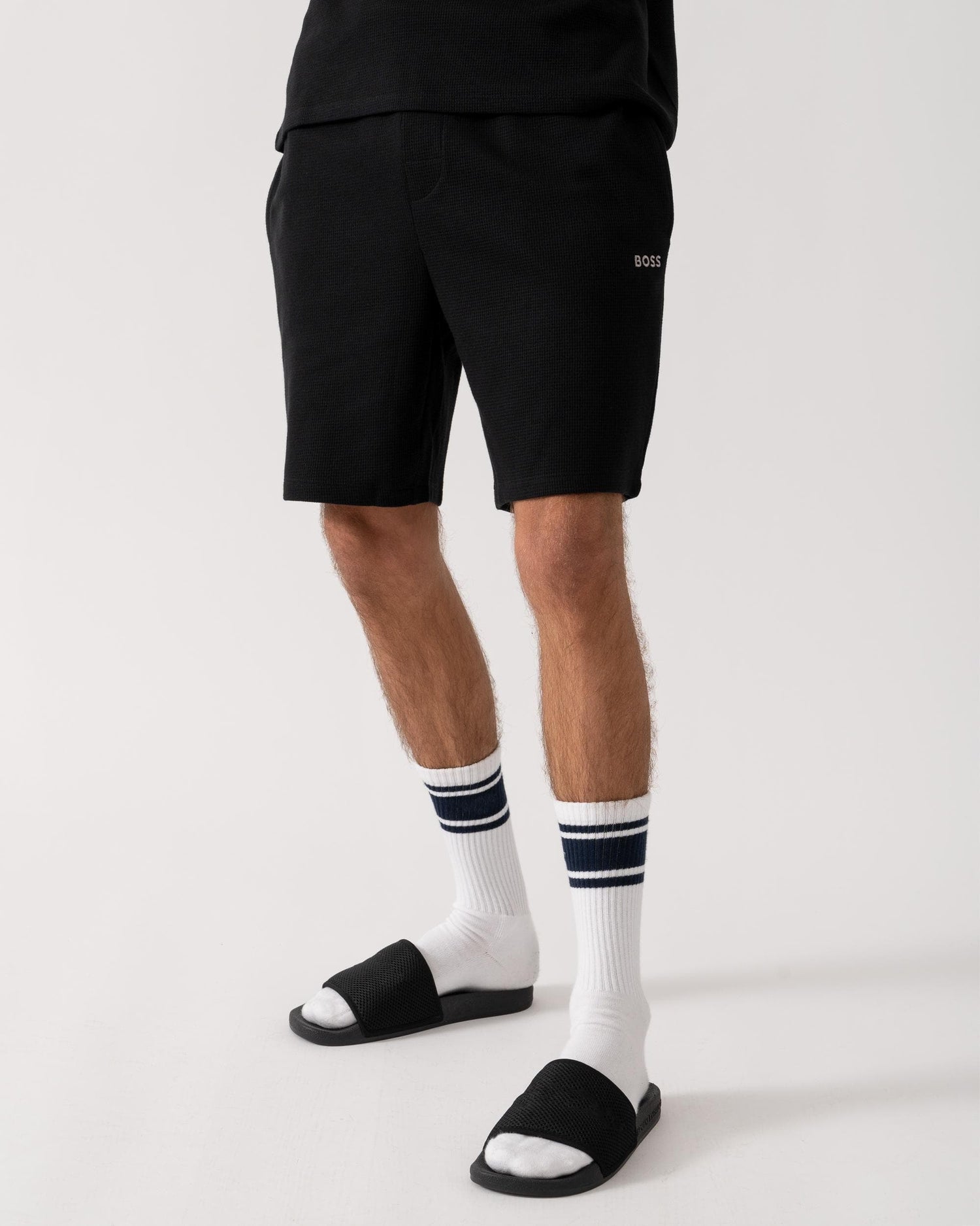 BOSS Orange Waffle Mens Cotton Blend Waffle Structure Pyjama Shorts with Embroidered Logo NOS - Black 001 - CHO - Designer Mens Shorts