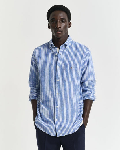 GANT Mens Regular Fit Cotton Linen Stripe Shirt - 407 Rich Blue