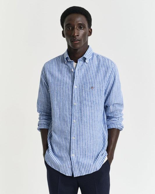 GANT Mens Regular Fit Cotton Linen Stripe Shirt - 407 Rich Blue