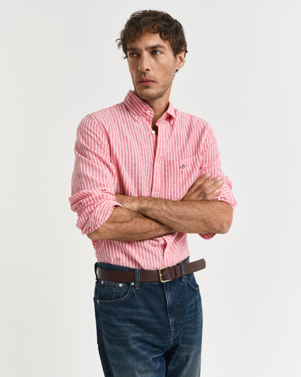GANT Mens Regular Fit Cotton Linen Stripe Shirt - 643 Brick Red