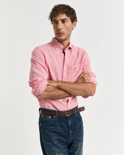GANT Mens Regular Fit Cotton Linen Stripe Shirt - 643 Brick Red