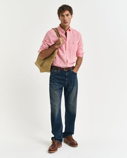 GANT Mens Regular Fit Cotton Linen Stripe Shirt - 643 Brick Red