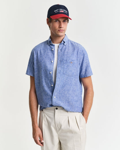 GANT Mens Regular Fit Cotton Linen Short Sleeve Shirt with Embroidered Shield