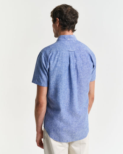 GANT Mens Regular Fit Cotton Linen Short Sleeve Shirt with Embroidered Shield - 407 Rich Blue