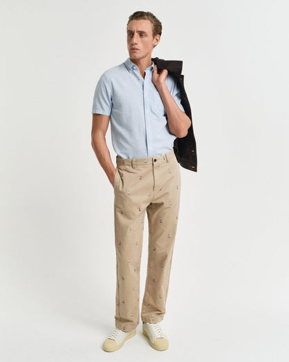 GANT Mens Regular Fit Cotton Linen Short Sleeve Shirt with Embroidered Shield - 457 Fresh Blue