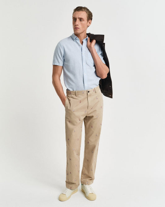 GANT Mens Regular Fit Cotton Linen Short Sleeve Shirt with Embroidered Shield - 457 Fresh Blue