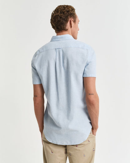 GANT Mens Regular Fit Cotton Linen Short Sleeve Shirt with Embroidered Shield - 457 Fresh Blue