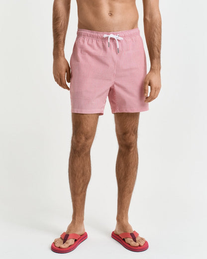 GANT Mens Striped Seersucker Swim Shorts with Embroidered Shield Logo - 630 Ruby Red