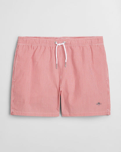 GANT Mens Striped Seersucker Swim Shorts with Embroidered Shield Logo - 630 Ruby Red