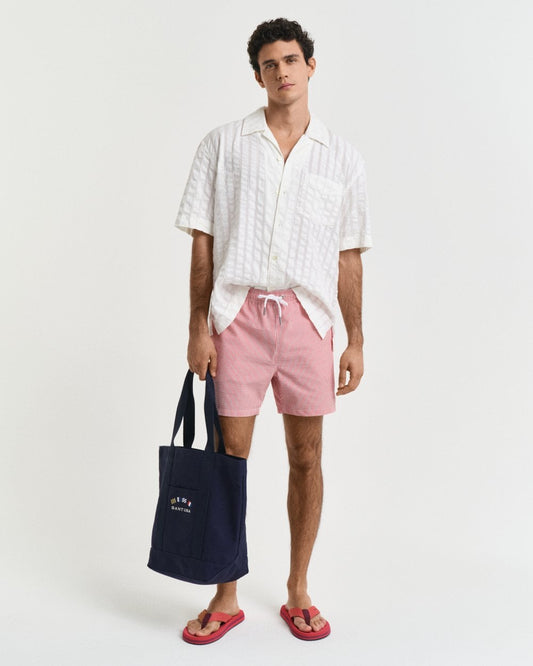 GANT Mens Striped Seersucker Swim Shorts with Embroidered Shield Logo - 630 Ruby Red