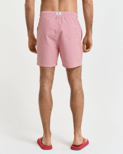 GANT Mens Striped Seersucker Swim Shorts with Embroidered Shield Logo - 630 Ruby Red