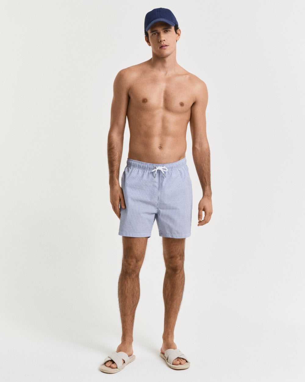GANT Mens Striped Seersucker Swim Shorts with Embroidered Shield Logo - 407 Rich Blue