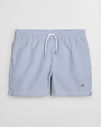 GANT Mens Striped Seersucker Swim Shorts with Embroidered Shield Logo - 407 Rich Blue