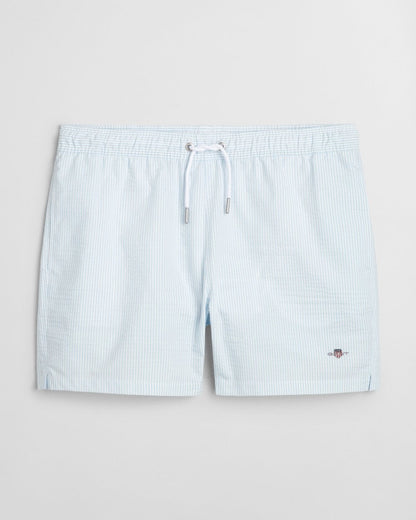 GANT Mens Striped Seersucker Swim Shorts with Embroidered Shield Logo - 457 Fresh Blue