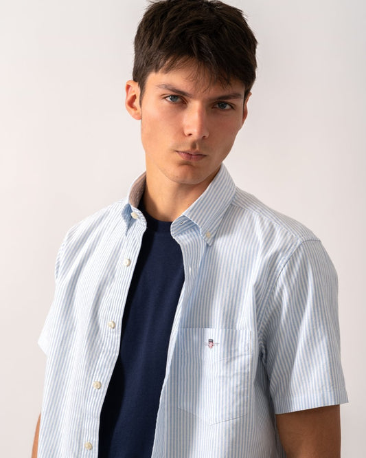 GANT Mens Regular Fit Classic Oxford Stripe Short Sleeve Shirt - 455 Light Blue
