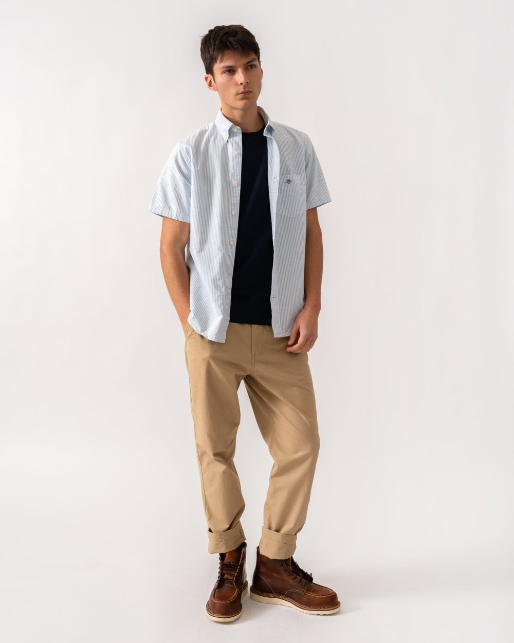 GANT Mens Regular Fit Classic Oxford Stripe Short Sleeve Shirt - 455 Light Blue