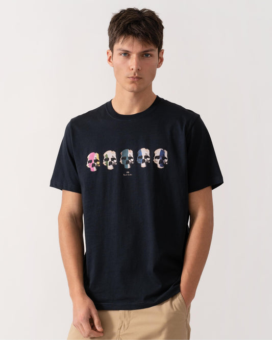 PS Paul Smith Mens Reg Fit Short Sleeve Multi Skull T-Shirt - 49 Very Dark Navy