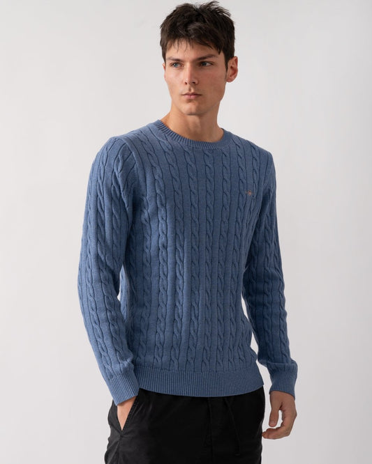 GANT Mens Cotton Cable Knit Crew Neck Jumper - 906 Denim Blue Melange